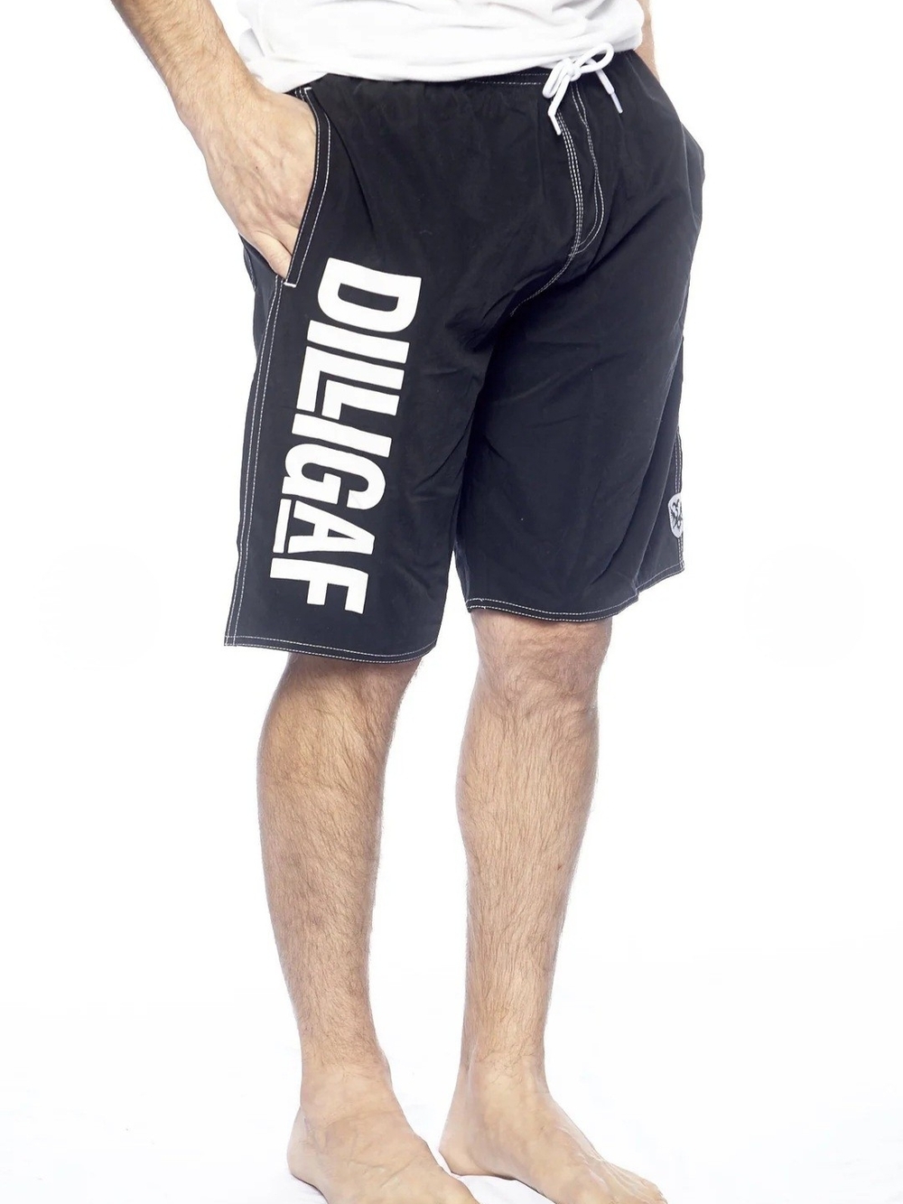 NEW DILLIGAF Black Swim Trunks with White Side Logo